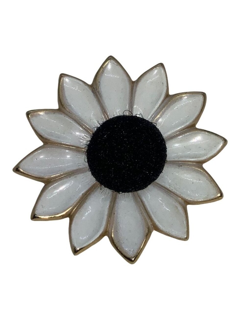 White Enameled Daisy Pin with gold tone metal base and black center Brooch